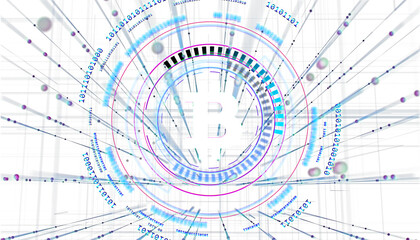 Abstract digital Bitcoin symbol with futuristic binary data, glowing lines, and circular tech elements on a light background, concept of cryptocurrency. 3D Rendering.