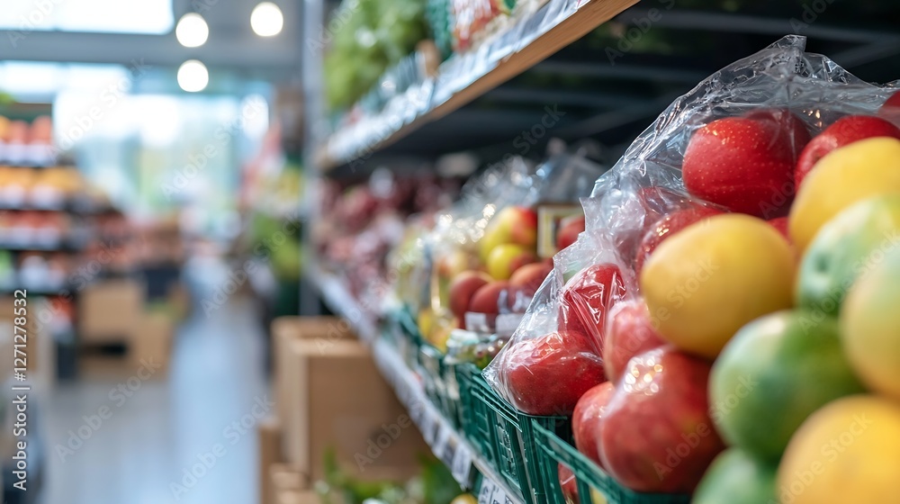 Poster vibrant fresh fruits neatly arranged on a supermarket shelf inviting healthy choices : generative ai