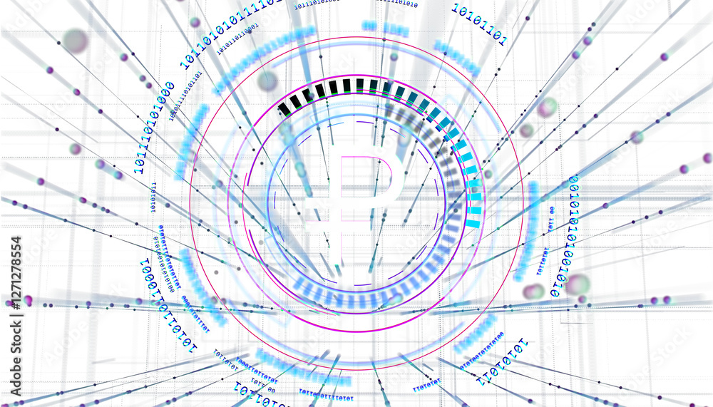 Aufkleber Abstract Bitcoin symbol with futuristic digital elements, binary code, and data streams on a white background. Concept of blockchain technology. 3D Rendering.