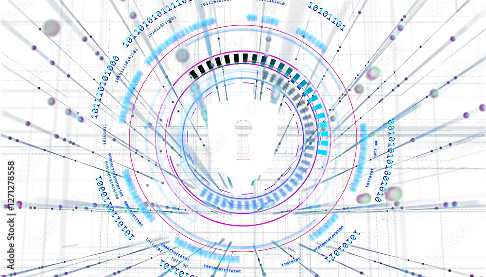 Poster Digital security concept with a glowing keyhole at the center, surrounded by binary code, abstract data, and futuristic elements on a light background. 3D Rendering.