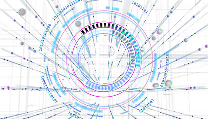 Abstract Bitcoin symbol with futuristic digital elements, binary code, and data streams on a white background. Concept of blockchain technology. 3D Rendering.
