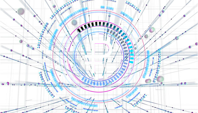 Abstract Bitcoin symbol with futuristic digital elements, binary code, and data streams on a white background. Concept of blockchain technology. 3D Rendering.
