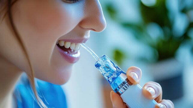 Woman Using Dental Flosser for Oral Hygiene Care