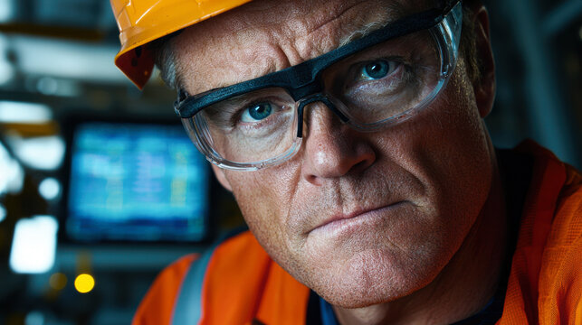Experienced engineer wearing safety gear, focused and determined
