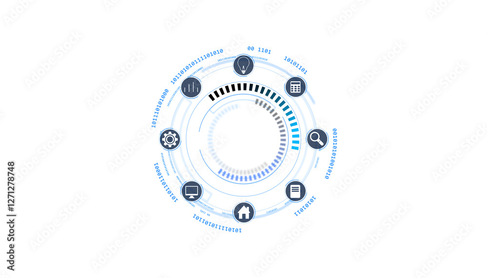 Poster Digital interface with futuristic circular elements and tech icons on a white background. Concept of innovation, data analysis, and modern technology. 3D Rendering.
