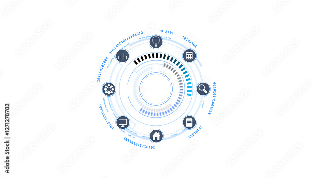 Poster Abstract futuristic digital interface with circular elements, icons, and binary code on a white background. Concept of technology and innovation. 3D Rendering.