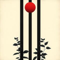 Red Orb Above Vertical Stripes and Botanical Growth A Modern Abstract Composition with Dark Foliage