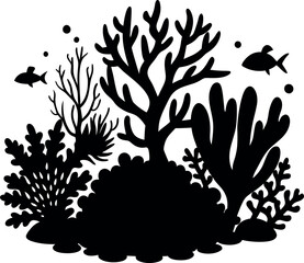 Fototapeta premium Minimalistic Black Silhouette Vector Illustration of an Underwater Coral Reef, Marine Ecosystem, Ocean Wildlife, Tropical Sea Life, and Aquatic Nature Art