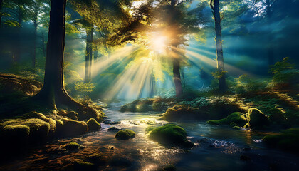 Obraz premium sun rays in the forest