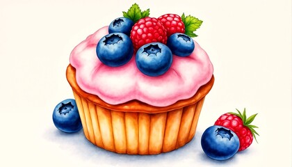 A digital illustration of two cupcakes with pink frosting and various fruits on top.