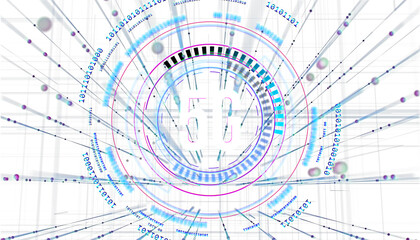 Abstract digital background featuring 5G technology with high-speed data, binary code, and network connections on a futuristic white backdrop. 3D Rendering.