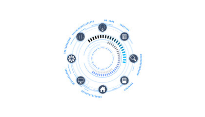 Abstract futuristic digital interface with circular elements, icons, and binary code on a white background. Concept of technology and innovation. 3D Rendering.