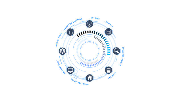 Abstract futuristic digital interface with circular elements, icons, and binary code on a white background. Concept of technology and innovation. 3D Rendering.