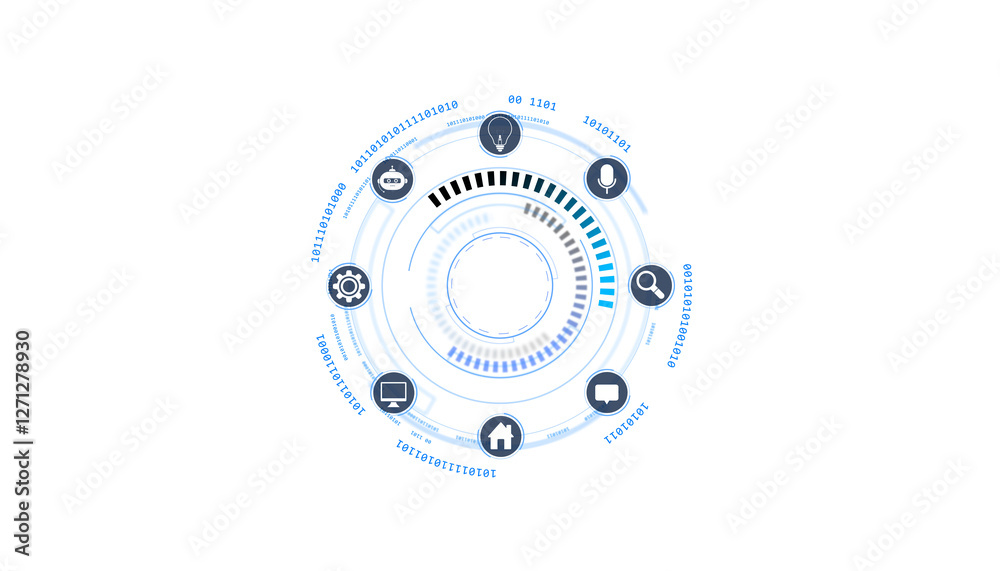 Poster Abstract futuristic digital interface with circular HUD elements and technology icons on a white background. Concept of innovation and technology. 3D Rendering.