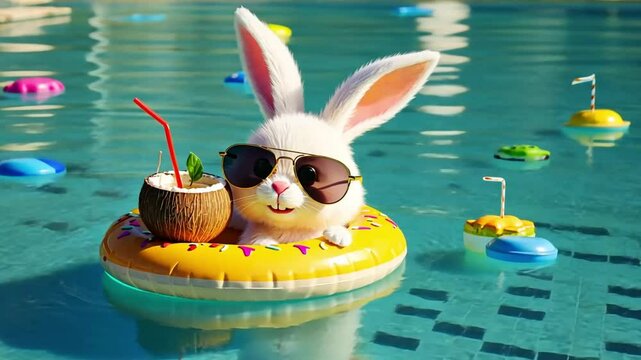Cheerful bunny with glasses with cocktail and inflatable circle in pool