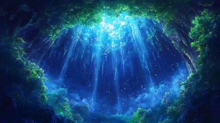 Fototapeta premium Ethereal Blue Light Illuminates Lush Forest Canopy. AI Generated