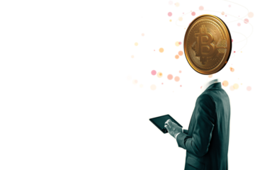 Businessman in a suit with a Bitcoin coin as a head, holding a tablet. Abstract dots surround him. Isolated on white background. Concept of cryptocurrency