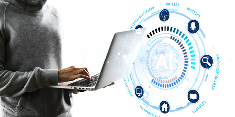 Person in hoodie using laptop with futuristic AI digital interface, icons, and binary code on white background. Concept of artificial intelligence