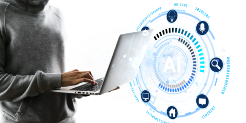 Person in hoodie using laptop with futuristic AI digital interface, icons, and binary code on white background. Concept of artificial intelligence