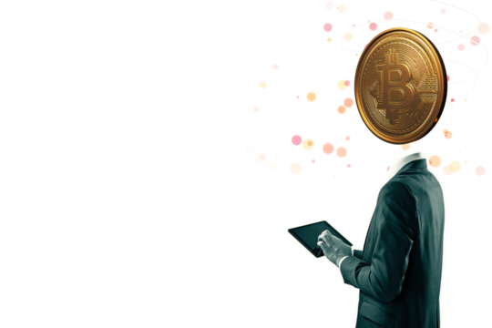 Businessman in a suit with a Bitcoin coin as a head, holding a tablet. Abstract dots surround him. Isolated on white background. Concept of cryptocurrency
