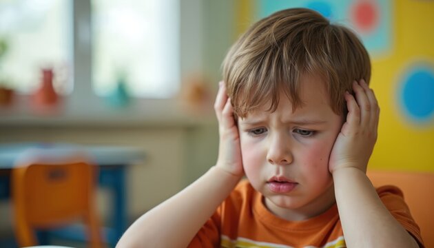 Distressed autistic boy covers ears in noisy preschool classroom. Kid overwhelmed by loud sound, sensory overload. Child struggles discomfort, seeks calming support, safe space, attention. Special