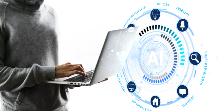 Person in hoodie using laptop with futuristic AI digital interface, icons, and binary code on white background. Concept of artificial intelligence