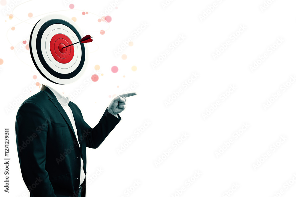 Poster businessman with a target as a head, an arrow hitting the bullseye, pointing forward on a white back