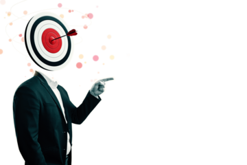 Businessman with a target as a head, an arrow hitting the bullseye, pointing forward on a white background. Concept of focus and goal setting