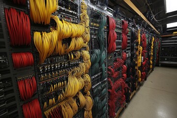 Colorful cables connected to servers in a modern data center room
