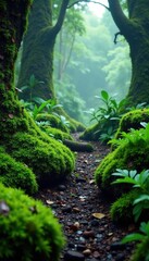 Fototapeta premium Rainforest floor with moss and ferns in a misty atmosphere, rainforest floor, mist, nature