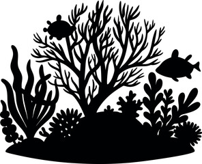 Minimalistic Black Silhouette Vector Illustration of an Underwater Coral Reef, Marine Ecosystem, Ocean Wildlife, Tropical Sea Life, and Aquatic Nature Art