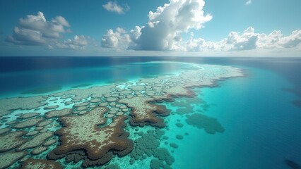 Fototapeta premium Vibrant coral formations on a rocky tropical shoreline with turquoise waters 