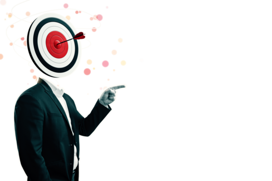 Businessman with a target as a head, an arrow hitting the bullseye, pointing forward on a white background. Concept of focus and goal setting - Powered by Adobe