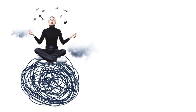 Woman in black meditating on scribble ball, arrows above head, cloud effects, isolated on white background. Concept of stress and mindfulness