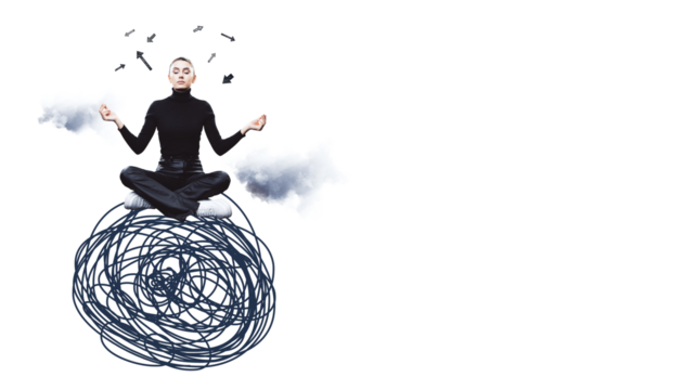Woman in black meditating on scribble ball, arrows above head, cloud effects, isolated on white background. Concept of stress and mindfulness