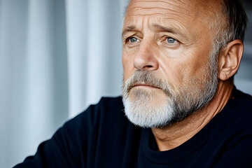 Obraz premium Pensive senior man, indoor portrait, blurred background, thoughtful expression, for emotional storytelling