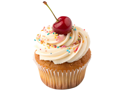 cupcake with cherry with sprinkles on top isolated PNG or JPEG Background