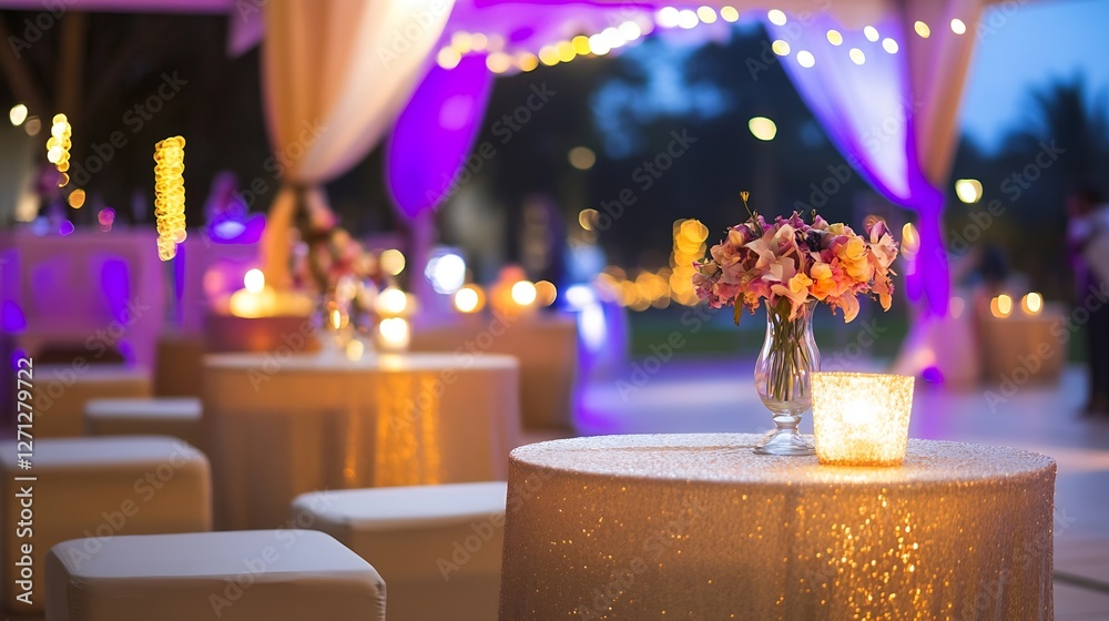 Poster Elegant decorated event space with flowers and warm light creating inviting atmosphere for gathering : Generative AI