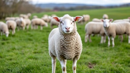 Cute fluffy sheep standing in green meadow surrounded by herd grazing peacefully : Generative AI