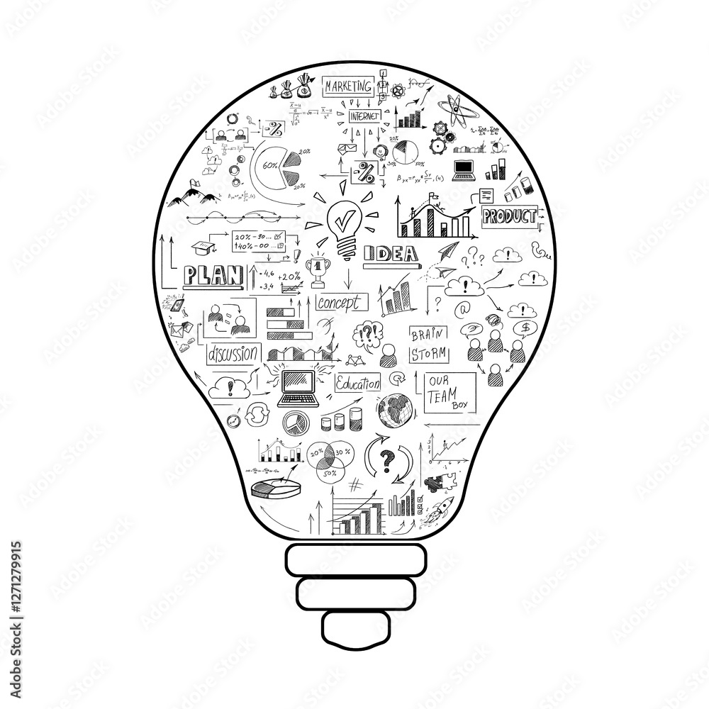 Poster creative lightbulb design with business, technology, and invention symbols, isolated on white backgr