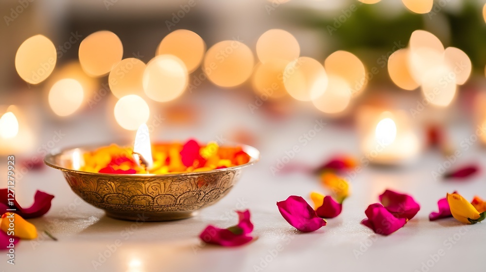 Leinwandbilder tranquil candlelit scene with rose petals on a smooth surface and blurred background : generative ai