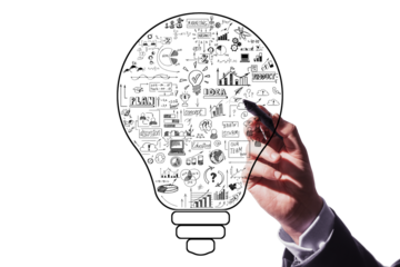 Hand drawing business plan sketches in lightbulb shape, isolated on white background. Concept of creativity, innovation, and strategic planning