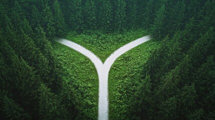 A fork in the road, with two paths diverging, representing choices, decisions, and the different paths life can take.