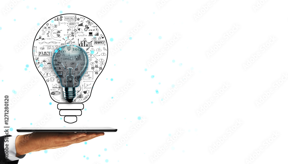 Poster hand holding tablet with abstract lightbulb design featuring business symbols and sketches on white 