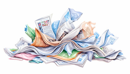 Pile of discarded newspapers and magazines, information overload, recycling concept, white background, for media, news, and recycling articles