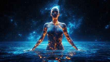 Naklejka premium Luminous human figure on the background of outer space with stars and galaxies. The composition conveys the idea of the unity of the human mind with the cosmos.