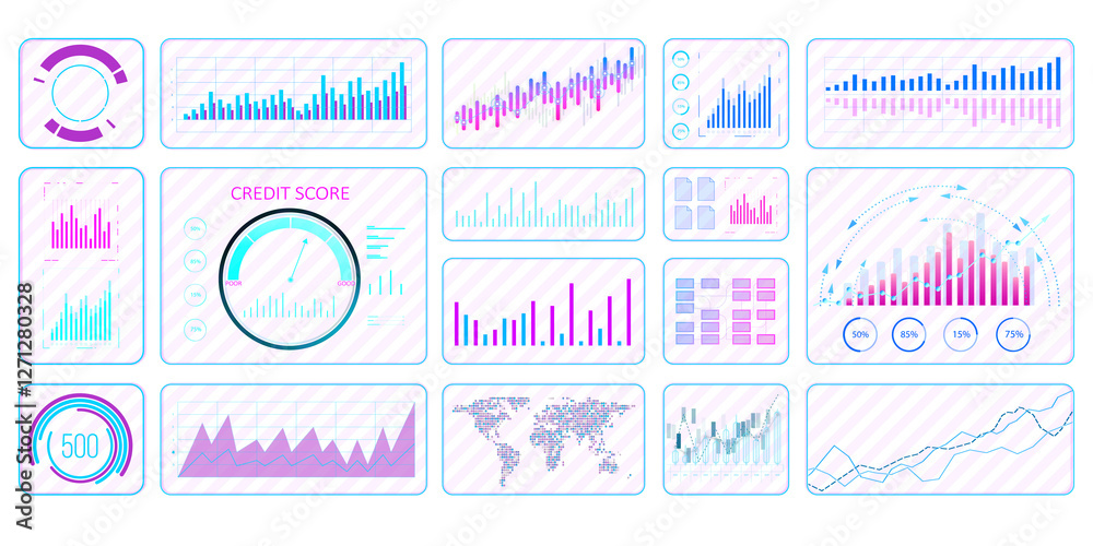 Poster Data dashboard elements with charts and graphs, isolated on transparent background. Clean and modern interface for analytics design. 3D Rendering.