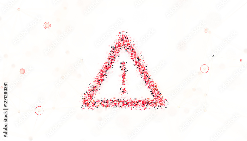 Leinwandbilder Abstract warning sign composed of red and black pixels forming a triangle with an exclamation mark, set against a white background. Digital concept. 3D Rendering.
