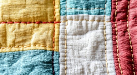 Close-Up of Quilt Texture with Intricate Patchwork Design and Fabrics