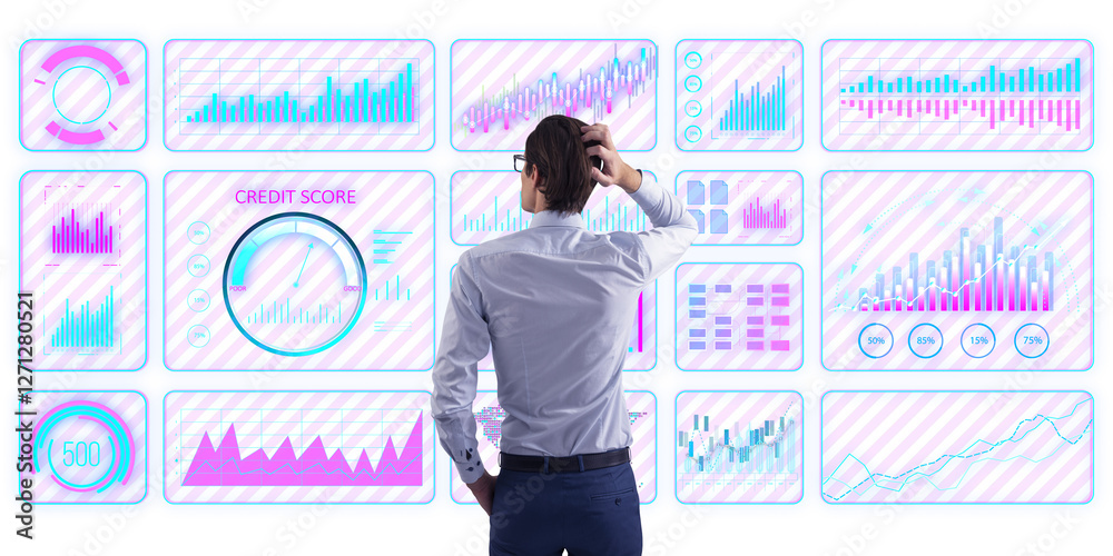 Poster businessman in rear view scratching head while analyzing financial charts on futuristic digital inte